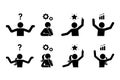 Stick figure man and woman idea problem solution reasoning vector illustration set. Logical thinking sign symbol icon Royalty Free Stock Photo