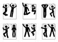 Stick figure man and woman laying in bed position set. Different sleeping postures.