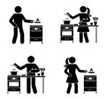 Stick figure man and woman making soup, frying at home kitchen vector set. Stickman people preparing meal icon pictogram Royalty Free Stock Photo