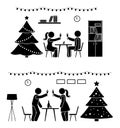 Stick figure man and woman at New Year party icon. Happy couple celebrating near tree pictogram.