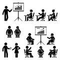 Stick figure man, woman at office, school, class, course teaching, training, studying workshop, lesson, conference, meeting vector