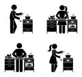 Stick figure man and woman preparing homemade dinner vector set. Stickman person cooking at kitchen icon pictogram