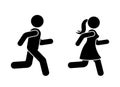Stick figure man and woman running icon vector pictogram. Boy and girl competition sign silhouette Royalty Free Stock Photo