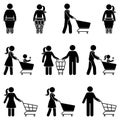 Stick figure man and woman with shopping cart vector icon people pictogram. Happy family in supermarket buying food silhouette. Royalty Free Stock Photo