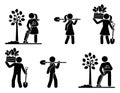 Stick figure man woman with shovel vector set. Stickman male female planting tree, gathering harvest icon pictogram