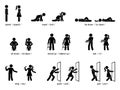 Stick figure man woman stand, crawl, lie down, sit down, stand up, eat, sing, push, pull verbs pronunciation vector set