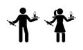 Stick figure man and woman with rolling pin, milk and eggs vector set. Stickman person baking a cake icon sign pictogram