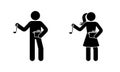 Stick figure man and woman standing with soup ladle and saucepan vector set. Stickman person cooking icon sign pictogram