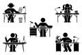 Stick figure man, woman study, learn lesson at school, home office vector. Stickman student writing, listen, reading, sitting