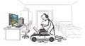 Stick Figure Mechanic Repairing Car in a Cluttered Room with Computer Desk and Bed, Expressing Concentration and Problem Solving Royalty Free Stock Photo