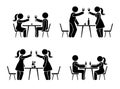 Stick figure men and women drinking wine and champagne icon. Happy celebration of young people pictogram. Royalty Free Stock Photo