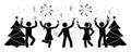 Stick figure men and women at New Year party icon. Happy human dancing near tree pictogram.