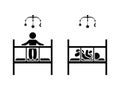 Stick figure newborn kid in baby bed, cot, crib, cradle vector icon. Boy child standing, lying, playing with hanging carousel toy