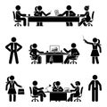 Stick figure office male, female business meeting vector icon. Team coworkers talking, negotiating, discussing, working, sitting Royalty Free Stock Photo