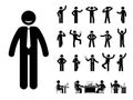 Stick figure office man poses emotions face design vector icon set. Happy sad surprised amazed angry standing sitting person