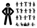 Stick figure office man standing vector icon set. Happy sad surprised amazed angry face. Sitting meeting talking pointing stickman