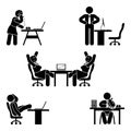 Stick figure office poses set. Business finance workplace support. Working, sitting, talking, meeting, training vector.