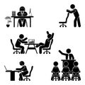 Stick figure office poses set. Business finance workplace support. Working, sitting, talking, meeting, training vector.