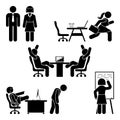 Stick figure office poses set. Business finance workplace support. Working, sitting, talking, meeting, training vector.