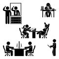 Stick figure office poses set. Business finance workplace support. Working, sitting, talking, meeting, training vector.