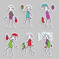 Stick figure paper stickers - Christmas and New Year collection, vector set