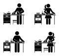 Stick figure people baking cake, cutting grilled chicken vector set. Stickman cooking at kitchen icon pictogram