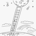 Stick figure people escaping from earth to moon climbing on ladder, Vector doodle Royalty Free Stock Photo