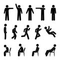 Stick figure people in various poses, isolated human silhouettes, a man stands, sits, runs