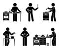 Stick figure person cooking at home kitchen vector set. Man baking pie, frying, pouring soup, cutting with knife icon