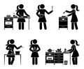 Stick figure person cooking at home kitchen vector set. Woman baking pie, frying, pouring soup, cutting with knife icon