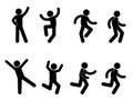 Stick figure pictogram man various poses and gestures, isolated human silhouettes, people run, dance