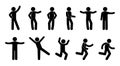 Stick figure pictogram man various poses and gestures, isolated human silhouettes, people run, dance and wave Royalty Free Stock Photo