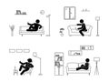 Stick figure resting at home position set. Sitting, lying, reading book, listening to music, using laptop, drinking wine vector.