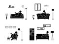 Stick figure resting at home position set. Sitting, lying, reading book, listening to music, using laptop, drinking wine vector.