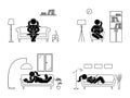 Stick figure resting at home position set. Sitting, lying, reading book, listening to music, using laptop vector icon. Royalty Free Stock Photo