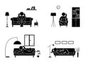 Stick figure resting at home position set. Sitting, lying, reading book, listening to music, using laptop vector icon.