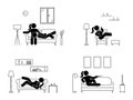 Stick figure resting at home position set. Sitting, lying, watching tv, sleeping, drinking icon relaxing posture on sofa.