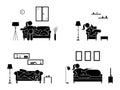 Stick figure resting at home position set. Sitting, lying, watching tv, sleeping, drinking icon relaxing posture on sofa.