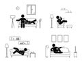 Stick figure resting at home position set. Sitting, lying, watching tv, sleeping, drinking icon relaxing posture on sofa.