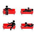 Stick figure resting position set on red sofa. Sitting, lying, reading book, watching phone, drinking tea, using laptop vector.