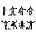 Stick figure rich businessman set. Vector illustration of happy person holding money bag on white.