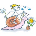 Stick figure rides on a snail sliding into the spring