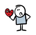 Stick figure sad man holds a wounded heart in his hand. Royalty Free Stock Photo