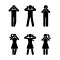 Stick figure set of three wise monkeys pictogram. See no evil, hear no evil, speak no evil concept icon. Royalty Free Stock Photo