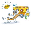 Stick figure sitting in a deck chair in front of a caravan on vacation Royalty Free Stock Photo