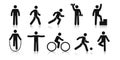 Stick figure sports. Posture stickman. People sport icons set. Man in different poses and positions, doing exercises. Black Royalty Free Stock Photo