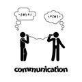 Stick figure talking with tin can telephone. Communication icon symbol pictogram.