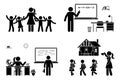 Stick figure teacher, kids, writing, teaching student, sitting at desk vector icon. First day, back to school, parent, children