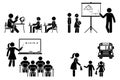 Stick figure teacher, school boy, girl, study, learning vector icon. Lecturer teaching children primary, elementary education