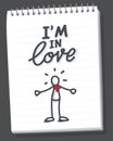 Stick figure with text i'm in love. Hand drawn figure with red heart.